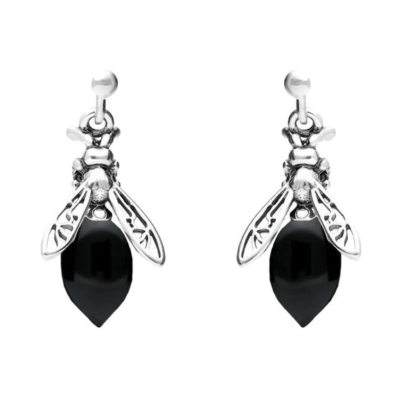 00182474 Sterling Silver Whitby Jet Small Bee Drop Earrings, E2423.