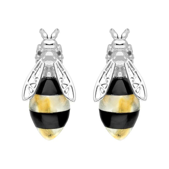  Sterling Silver Whitby Jet Amber Bee Stud Earrings, E2424.