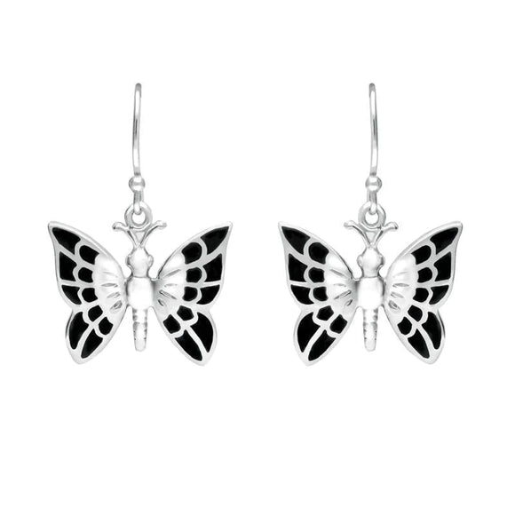 Sterling Silver Whitby Jet Butterfly Drop Earrings E1950