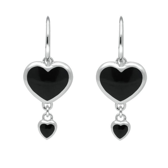 Silver Whitby Jet Double Heart Hook Earrings E2259