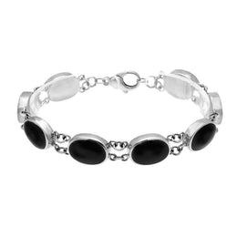 Sterling Silver Whitby Jet Eight Stone Oval Link Bracelet, B025