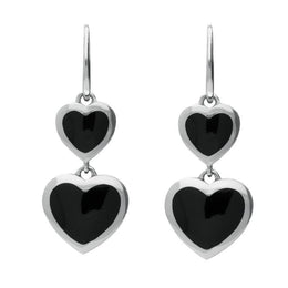 Sterling Silver Whitby Jet Eclipse Graduated Heart Hook Earrings. E2012.
