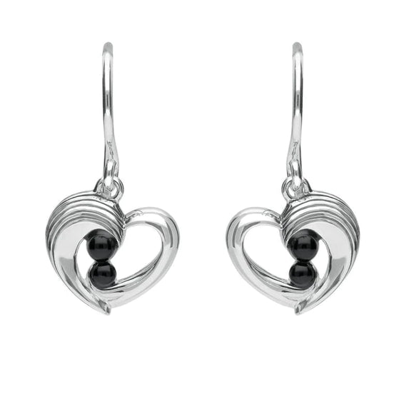 Sterling Silver Whitby Jet Half Ridge Stone Heart Drop Earrings. E1920.
