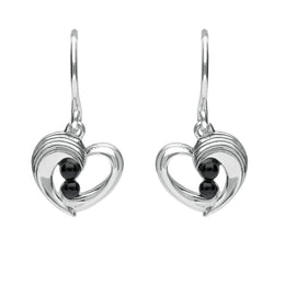 Sterling Silver Whitby Jet Half Ridge Stone Heart Drop Earrings. E1920.