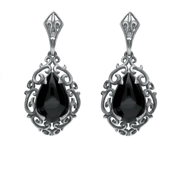 Sterling Silver Whitby Jet Heritage Heavy Carved Pear Earrings. E2176.