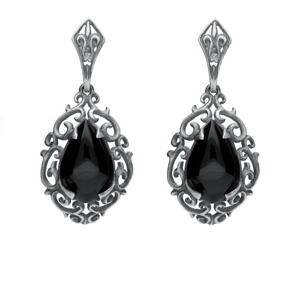 Sterling Silver Whitby Jet Heritage Heavy Carved Pear Earrings. E2176.