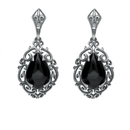 Sterling Silver Whitby Jet Heritage Heavy Carved Pear Earrings. E2176.