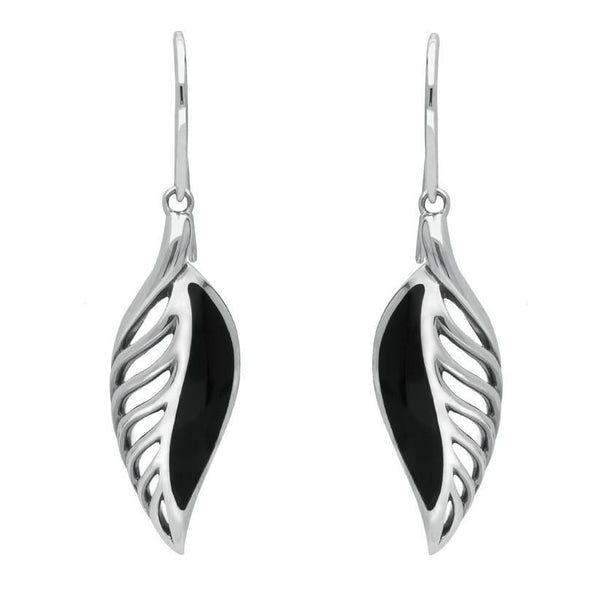 Sterling Silver Whitby Jet Eclipse Leaf Hook Drop Earrings. E2020.