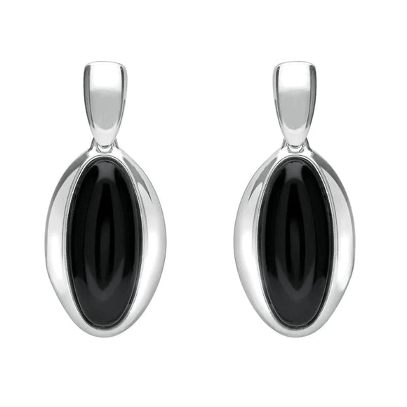 Sterling Silver Whitby Jet Heritage Long Oval Drop Earrings. E2034.