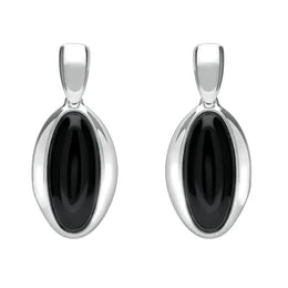Sterling Silver Whitby Jet Heritage Long Oval Drop Earrings. E2034.