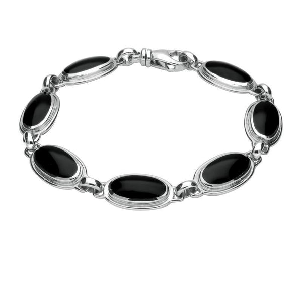 Sterling Silver Whitby Jet Heritage Long Oval Ribbed Bracelet. B229.