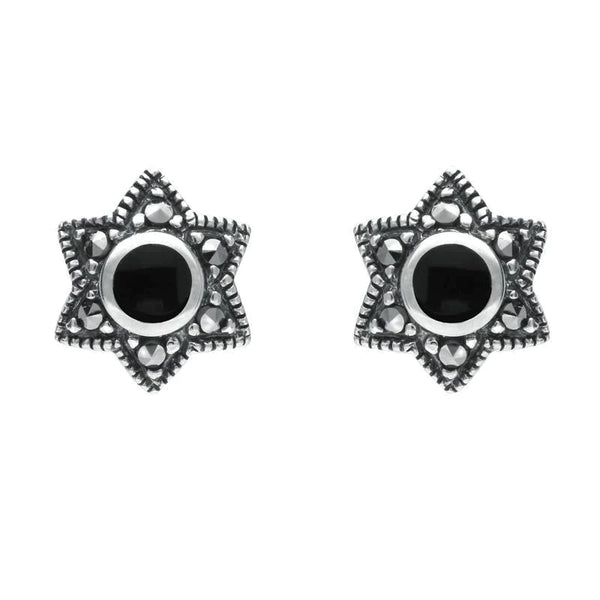 Silver Whitby Jet Marcasite 6 Point Star Stud Earrings E1638