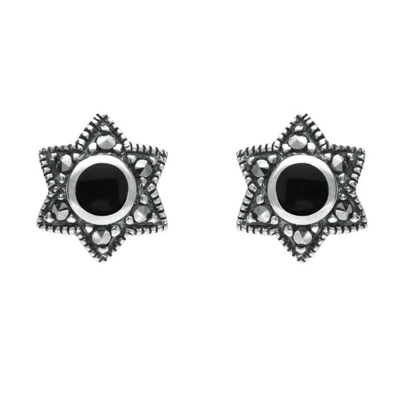 Silver Whitby Jet Marcasite 6 Point Star Stud Earrings E1638