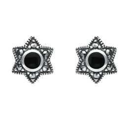 Silver Whitby Jet Marcasite 6 Point Star Stud Earrings E1638