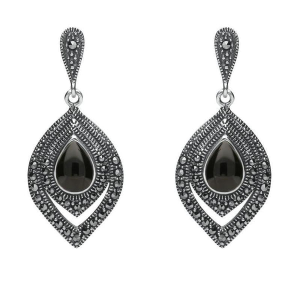 Sterling Silver Whitby Jet Marcasite Fancy Pear Stud Earrings E2238