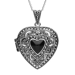Silver Whitby Jet Marcasite Large Heart Locket Necklace P2149
