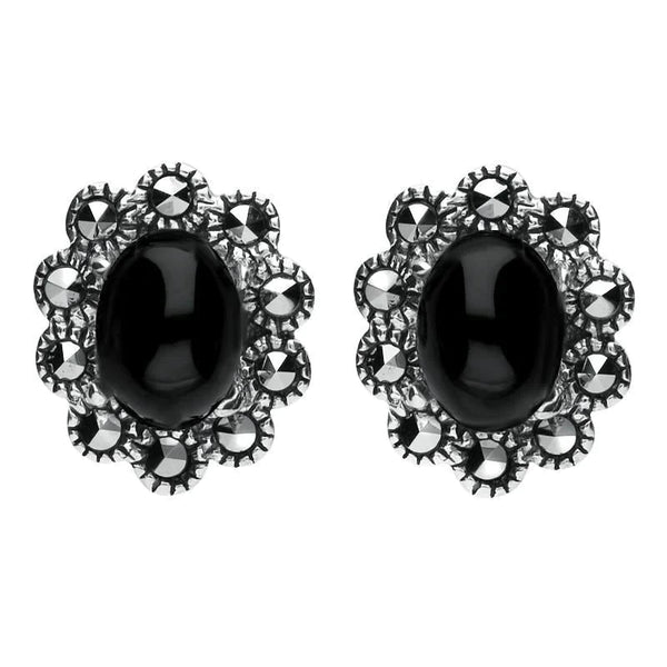 Sterling Silver Whitby Jet Marcasite Oval Beaded Edge Stud Earrings. E1637.