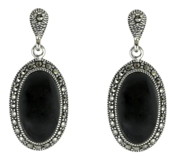 Sterling Silver Whitby Jet Marcasite Oval Star Back Drop Earrings. E1790.