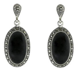 Sterling Silver Whitby Jet Marcasite Oval Star Back Drop Earrings. E1790.