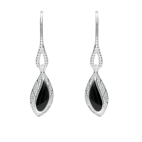 Sterling Silver Whitby Jet Marquise Beaded Edge Earrings. E1616.
