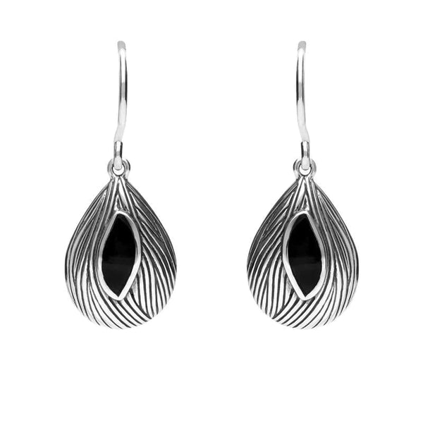 Silver Whitby Jet Marquise Shape Wave Wood Effect Earrings E1614