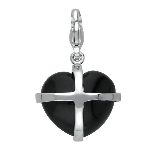 Silver Whitby Jet Medium Cross Heart Charm G481