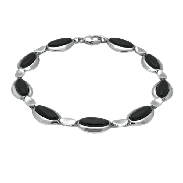 Sterling Silver Whitby Jet Nine Stone Long Oval Bracelet B1082