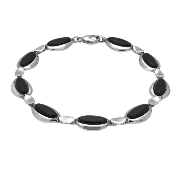 Sterling Silver Whitby Jet Nine Stone Long Oval Bracelet B1082
