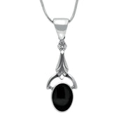 Sterling Silver Whitby Jet Oval Art Deco Drop Necklace. P074.