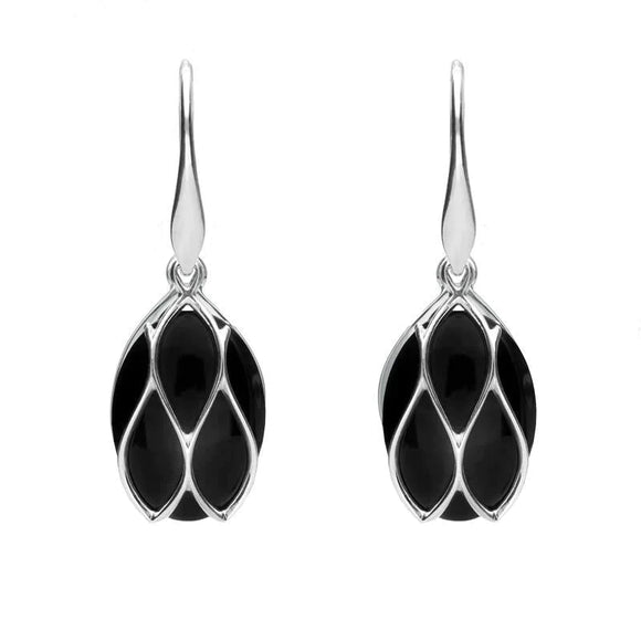 Sterling Silver Whitby Jet Oval Caged Drop Earrings. E2124.
