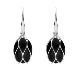 Sterling Silver Whitby Jet Oval Caged Drop Earrings. E2124.