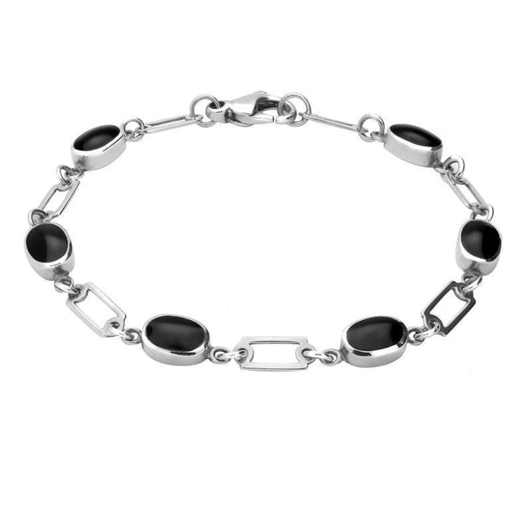 Sterling Silver Whitby Jet Oval Linked Bracelet B026