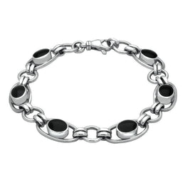 Sterling Silver Whitby Jet Heritage Oval Loop Link Bracelet. B183.