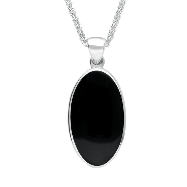 Sterling Silver Whitby Jet Oval Open Back Long Necklace. P026.