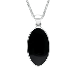 Sterling Silver Whitby Jet Oval Open Back Long Necklace. P026.