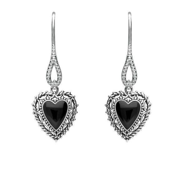 Sterling Silver Whitby Jet Oxi Heart Drop Earrings. E1924.