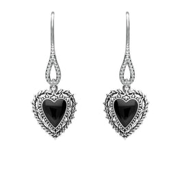 Sterling Silver Whitby Jet Oxi Heart Drop Earrings. E1924.