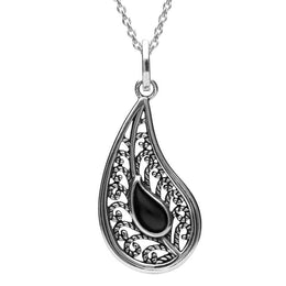 Sterling Silver Whitby Jet Oxidise Stone Teardrop Necklace. P2538