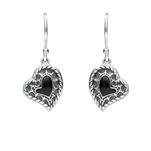 Silver Whitby Jet Oxidised Heart Drop Earrings E1956