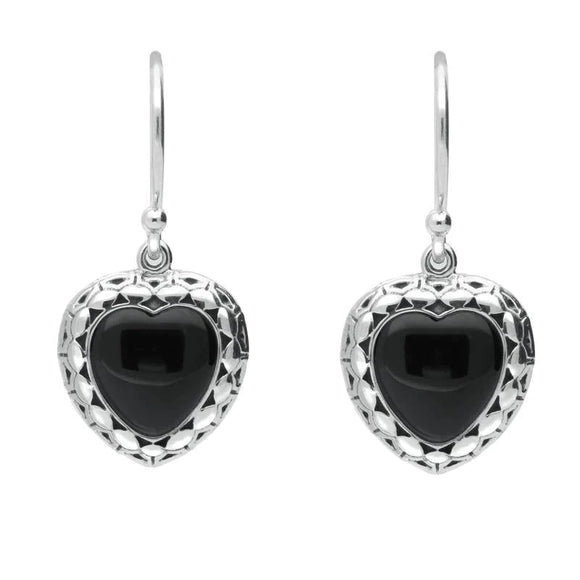 Silver Whitby Jet Oxidised Heart Drop Earrings E1958