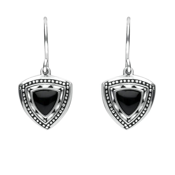 Silver Whitby Jet Oxidised Shield Drop Earrings E1915
