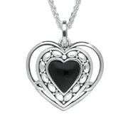 Sterling Silver Whitby Jet Pattern Open Heart Necklace. P2623.