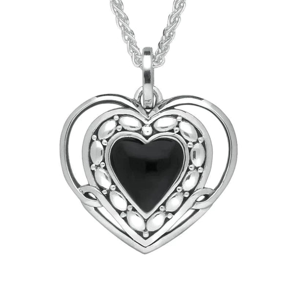 Sterling Silver Whitby Jet Pattern Open Heart Necklace. P2623.
