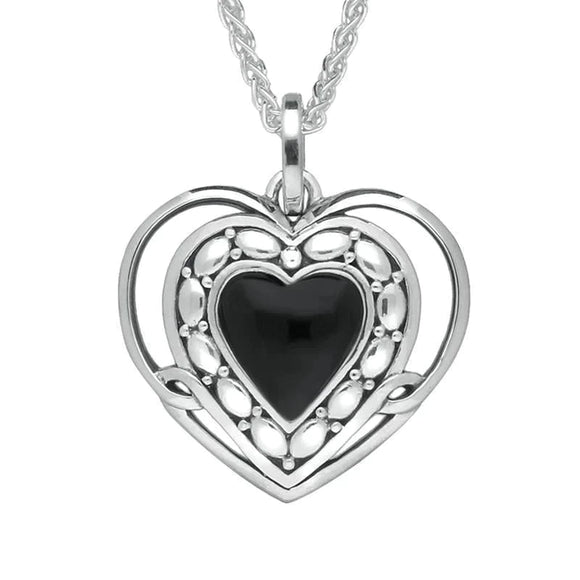 Sterling Silver Whitby Jet Pattern Open Heart Necklace. P2623.