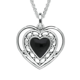 Sterling Silver Whitby Jet Pattern Open Heart Necklace. P2623.