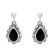 Sterling Silver Whitby Jet Heritage Pear Rope Frill Drop Earrings. E161.