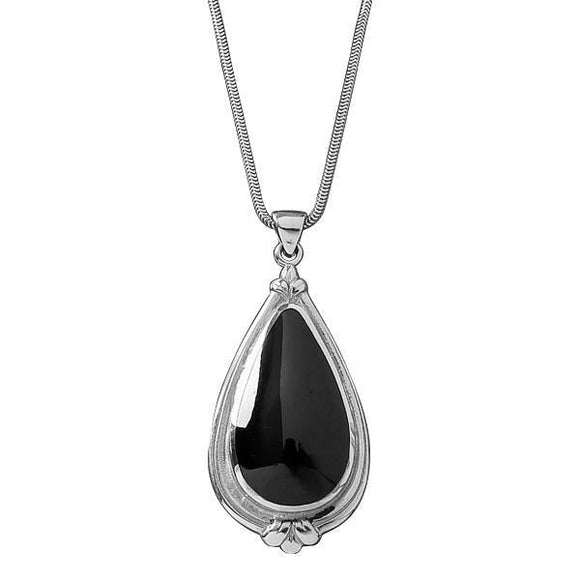 Silver Whitby Jet Pear Shape Fleur Necklace P068