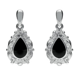 Sterling Silver Whitby Jet Pear Shaped Leaf Drop Earrings. E083.
