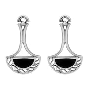 Sterling Silver Whitby Jet Heritage Pierced Fan Drop Earrings. E290.