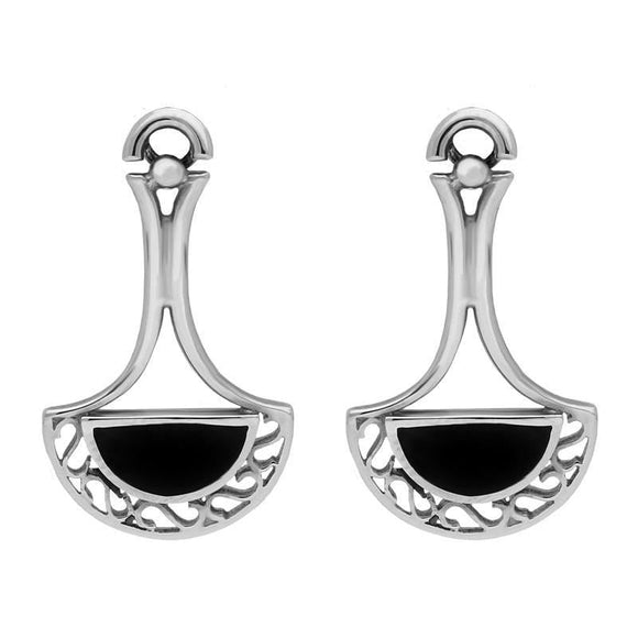 Sterling Silver Whitby Jet Heritage Pierced Fan Drop Earrings. E290.